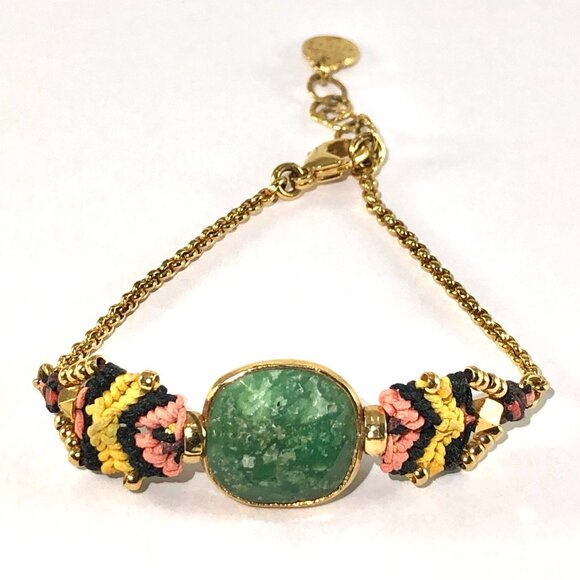 Gas Bijoux chain bracelet gold tone macrame with bezel set faceted green stone - Picture 5 of 11